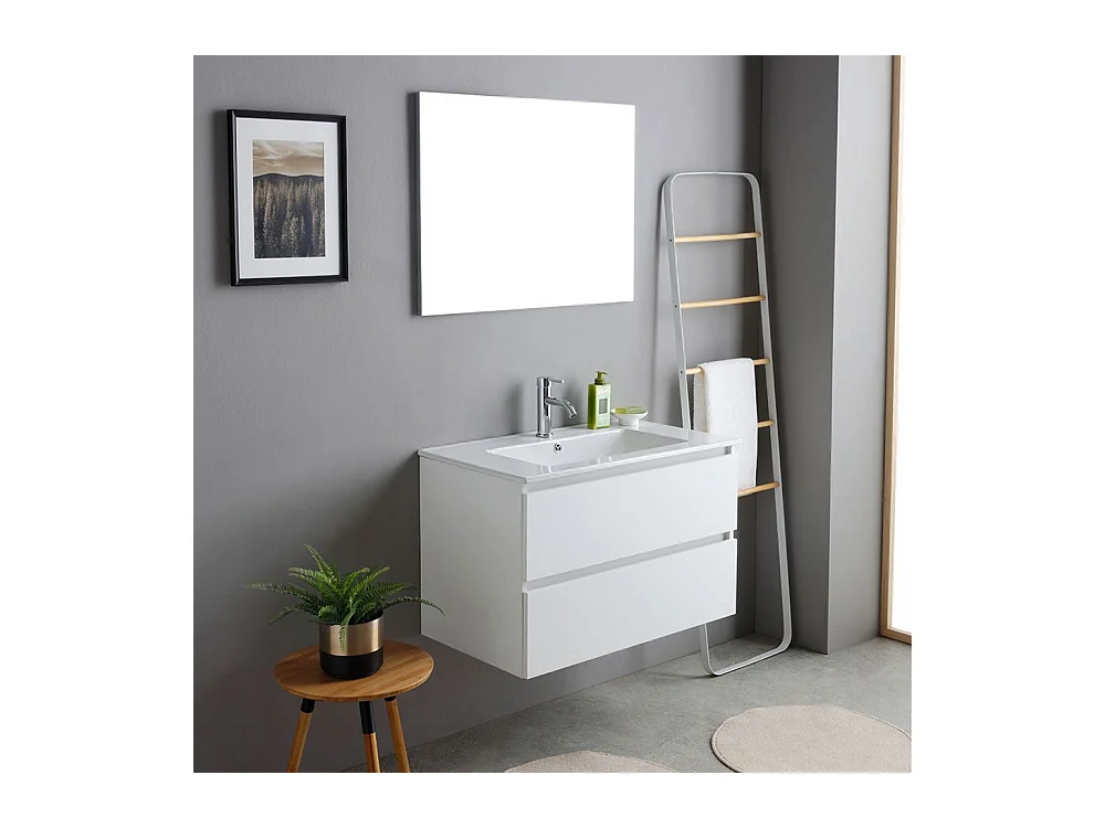 Biała szafka łazienkowa "Havana Plus" wisząca 2 szuflady podstawa ze zintegrowaną umywalką ceramiczną lustro 80 cm