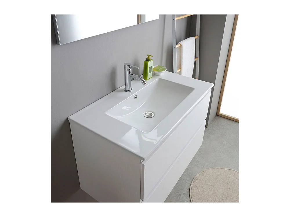 Biała szafka łazienkowa "Havana Plus" wisząca 2 szuflady podstawa ze zintegrowaną umywalką ceramiczną lustro 80 cm