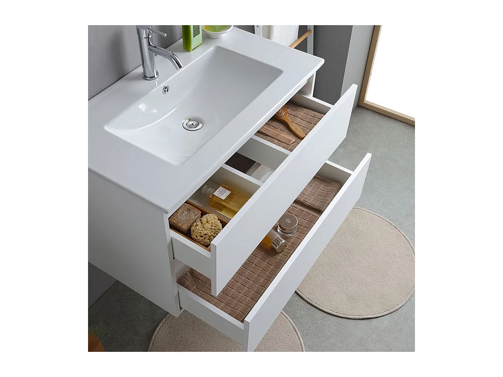 Biała szafka łazienkowa "Havana Plus" wisząca 2 szuflady podstawa ze zintegrowaną umywalką ceramiczną lustro 80 cm