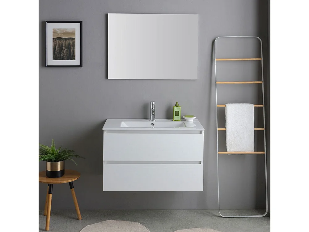 Mobile bagno bianco "Havana Plus" sospeso 2 cassetti base con specchio lavabo integrato in ceramica 80 cm