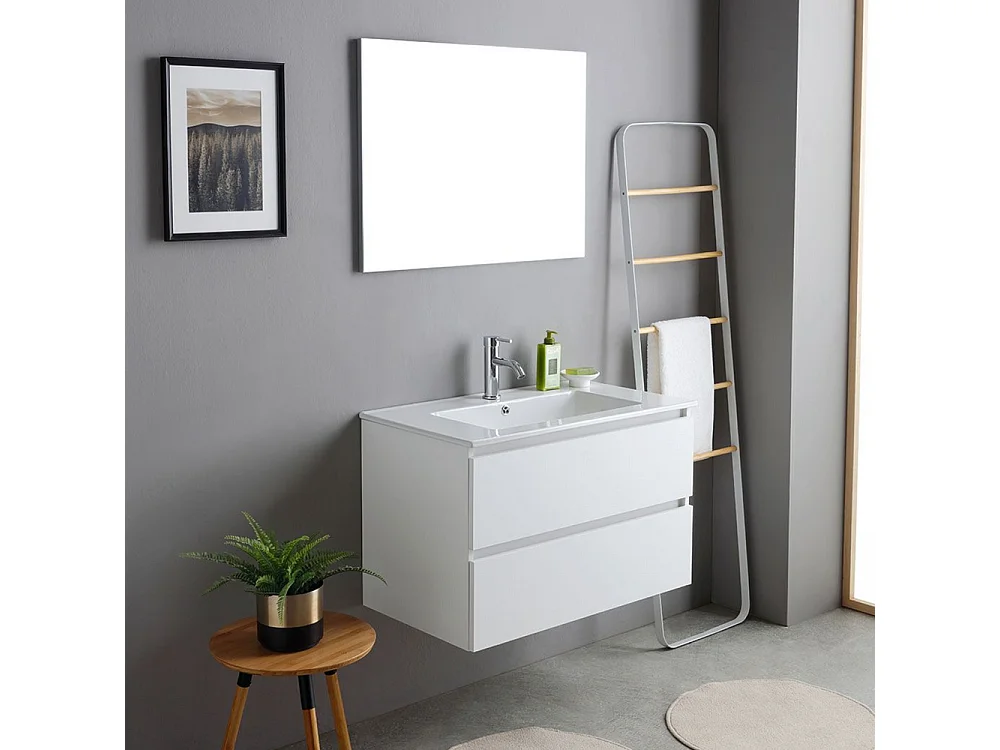 Mobile bagno bianco "Havana Plus" sospeso 2 cassetti base con specchio lavabo integrato in ceramica 80 cm