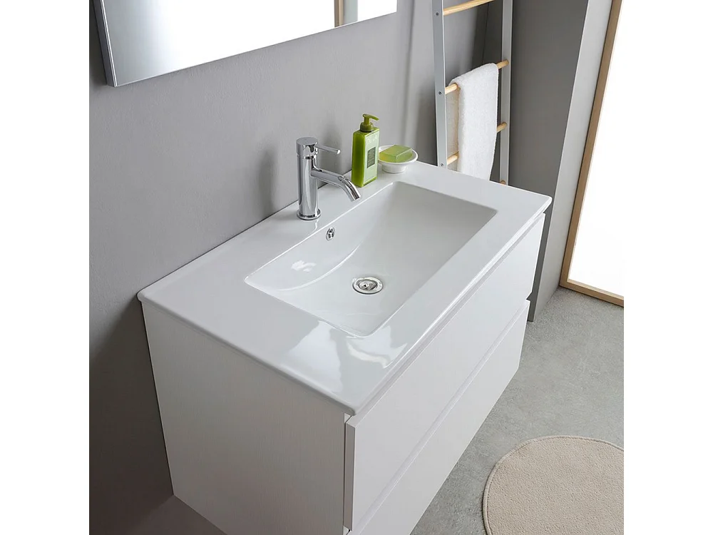Mobile bagno bianco "Havana Plus" sospeso 2 cassetti base con specchio lavabo integrato in ceramica 80 cm