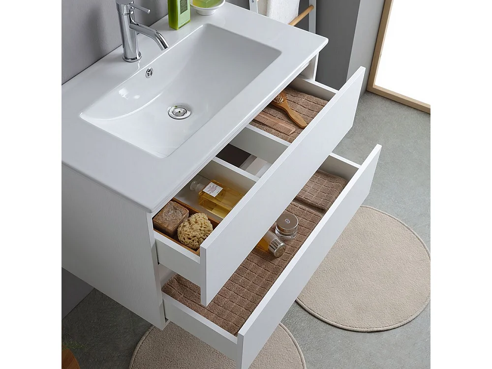 Mobile bagno bianco "Havana Plus" sospeso 2 cassetti base con specchio lavabo integrato in ceramica 80 cm