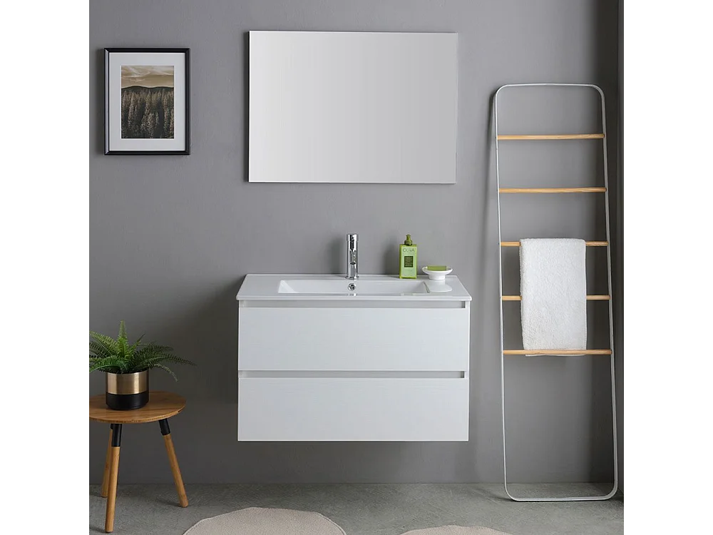 Mobile bagno bianco "Havana Plus" sospeso 2 cassetti base con specchio lavabo integrato in ceramica 80 cm