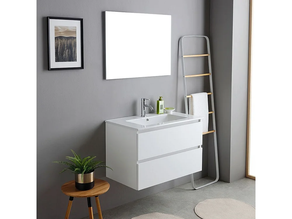Mobile bagno bianco "Havana Plus" sospeso 2 cassetti base con specchio lavabo integrato in ceramica 80 cm