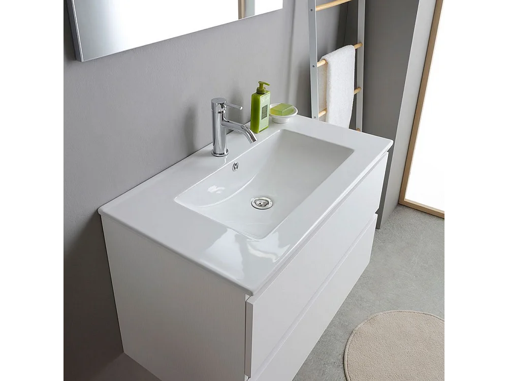 Mobile bagno bianco "Havana Plus" sospeso 2 cassetti base con specchio lavabo integrato in ceramica 80 cm