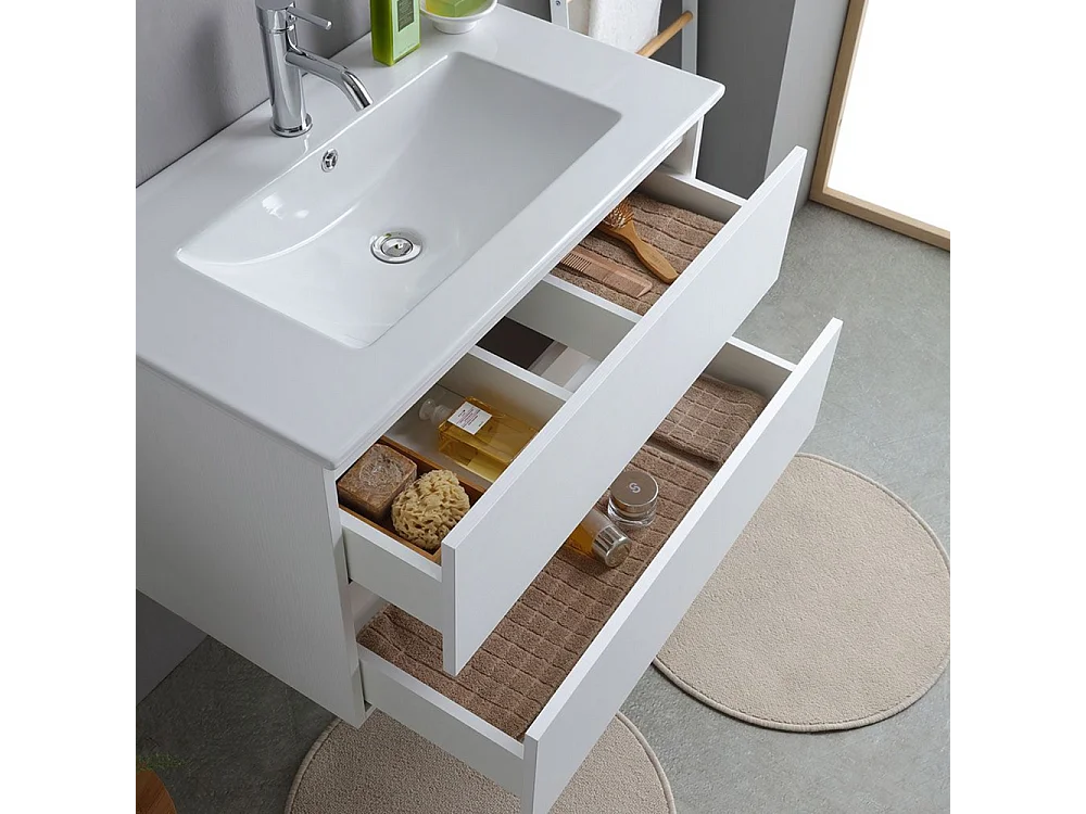 Mobile bagno bianco "Havana Plus" sospeso 2 cassetti base con specchio lavabo integrato in ceramica 80 cm