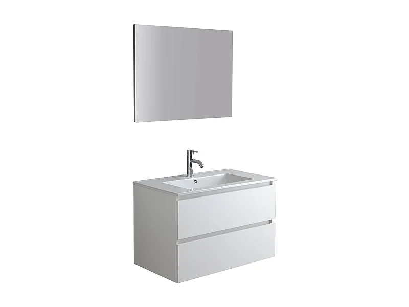 Mueble de baño blanco "Havana Plus" suspendido 2 cajones base con lavabo cerámico integrado espejo 80 cm