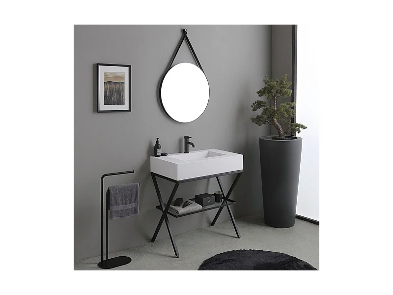 Mobile bagno a terra "Cancún" 80 cm con il lavabo in resina bianco e specchio rotondo con laccio in pelle