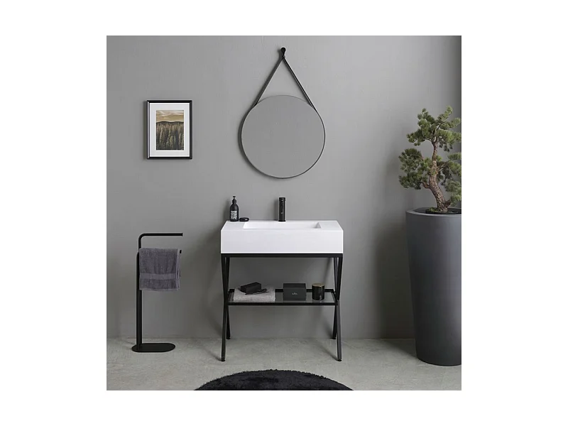 Mobile bagno a terra "Cancún" 80 cm con il lavabo in resina bianco e specchio rotondo con laccio in pelle