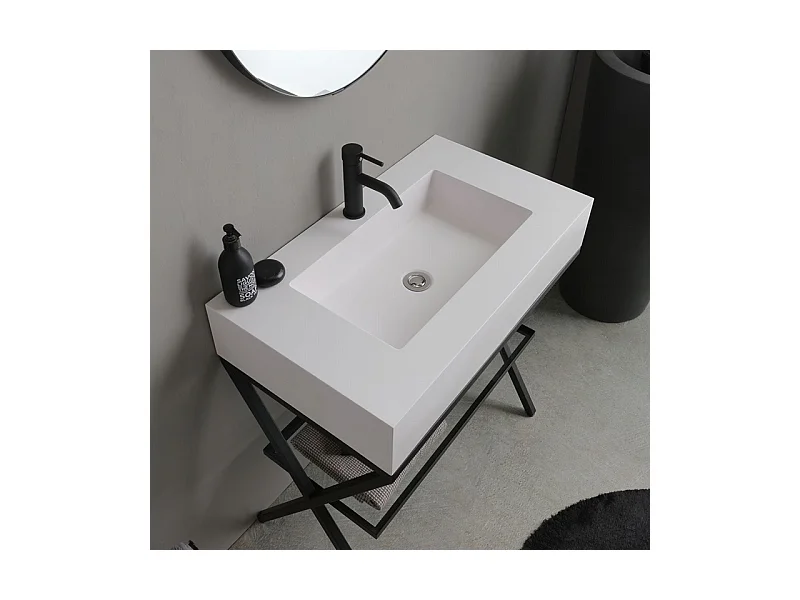Mobile bagno a terra "Cancún" 80 cm con il lavabo in resina bianco e specchio rotondo con laccio in pelle