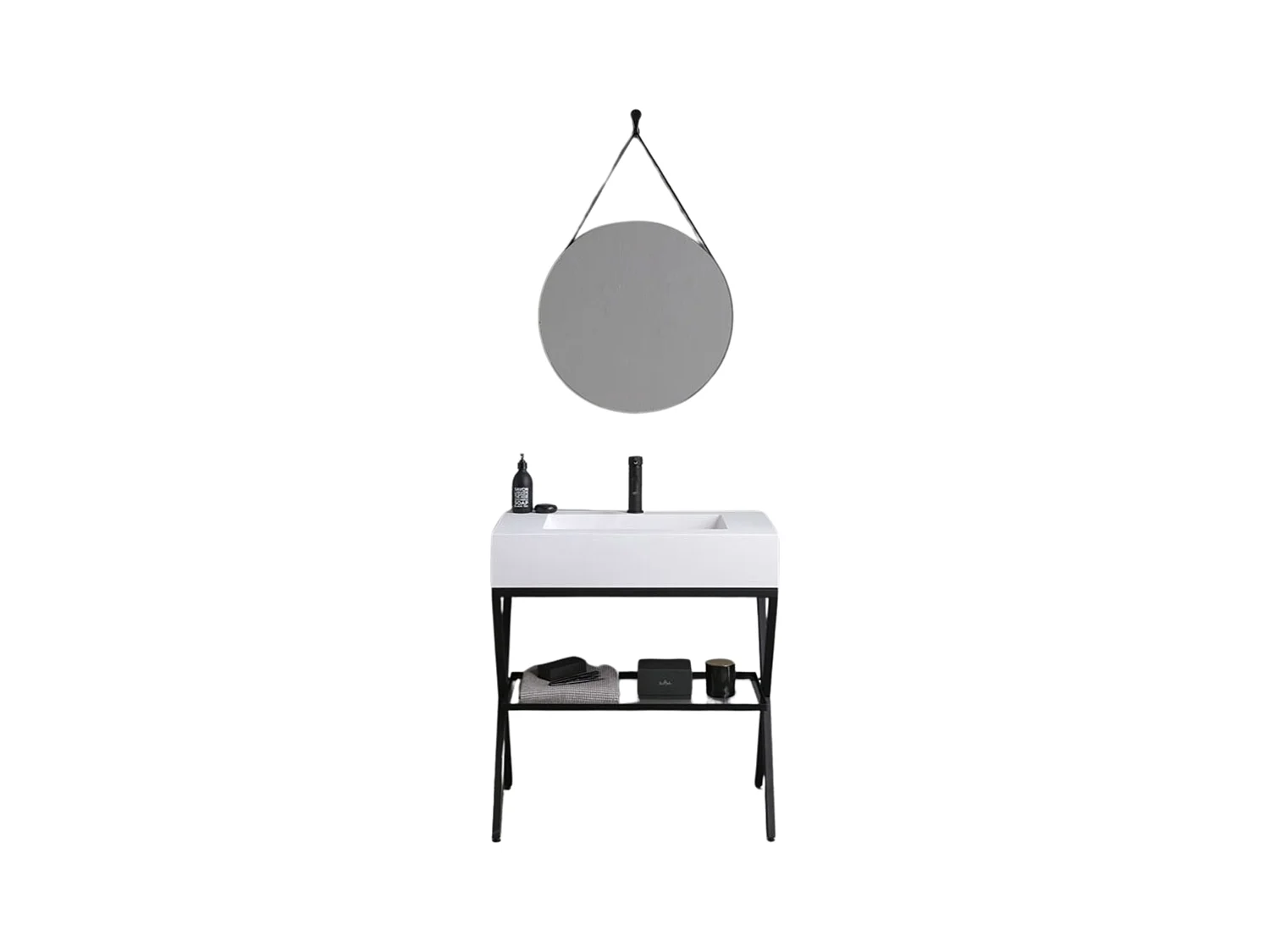 Mobile bagno a terra "Cancún" 80 cm con il lavabo in resina bianco e specchio rotondo con laccio in pelle