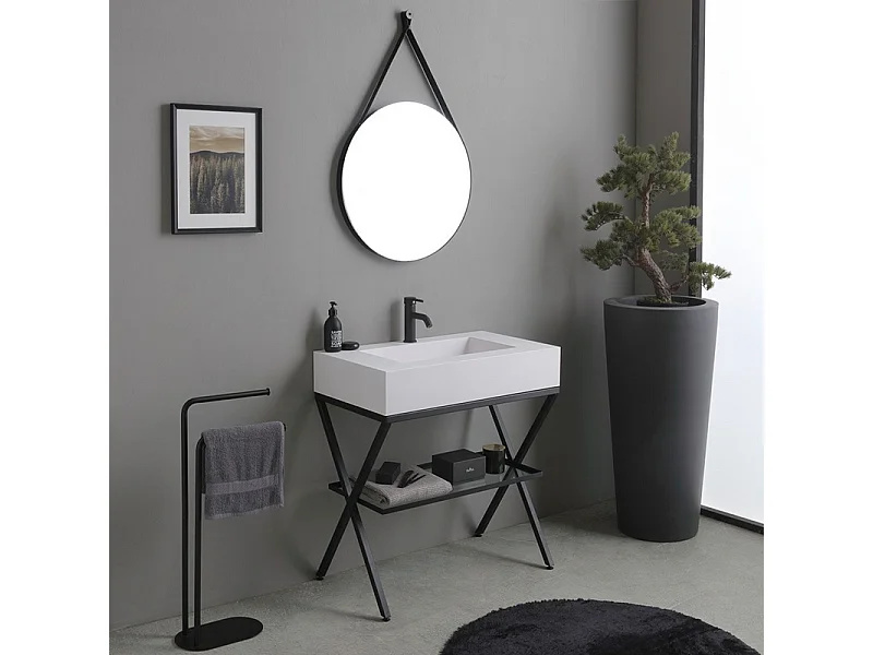 Mobile bagno a terra "Cancún" 80 cm con il lavabo in resina bianco e specchio rotondo con laccio in pelle