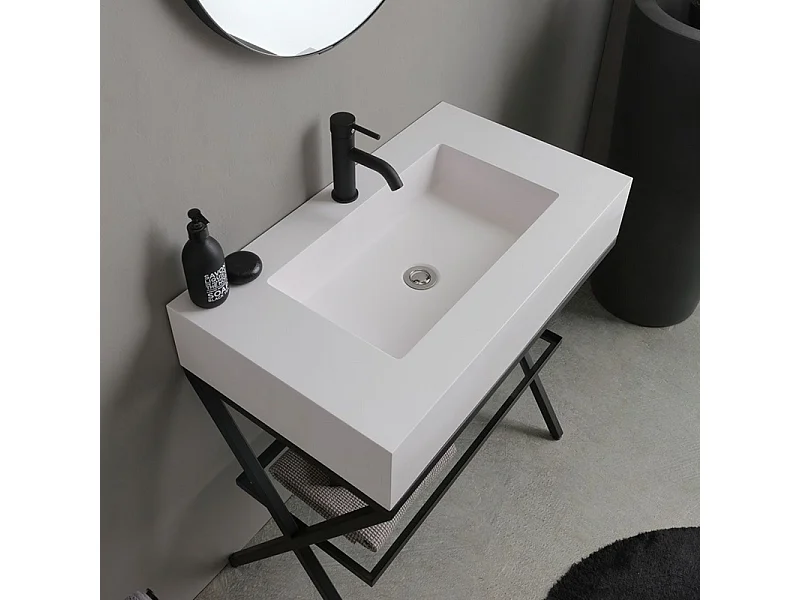 Mobile bagno a terra "Cancún" 80 cm con il lavabo in resina bianco e specchio rotondo con laccio in pelle