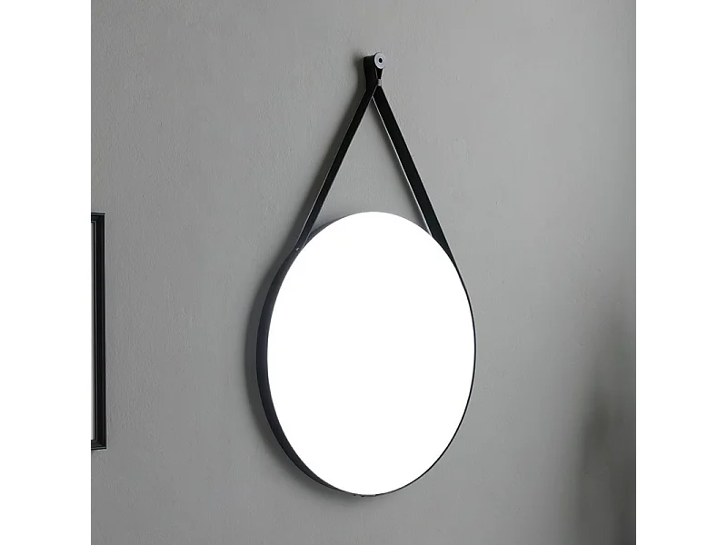 Mobile bagno a terra "Cancún" 80 cm con il lavabo in resina bianco e specchio rotondo con laccio in pelle