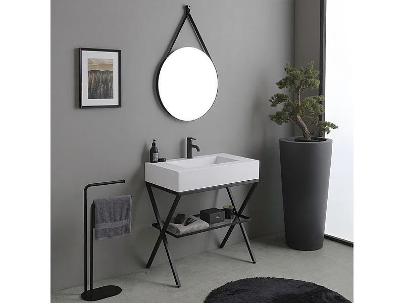 Mobile bagno a terra "Cancún" 80 cm con il lavabo in resina bianco e specchio rotondo con laccio in pelle