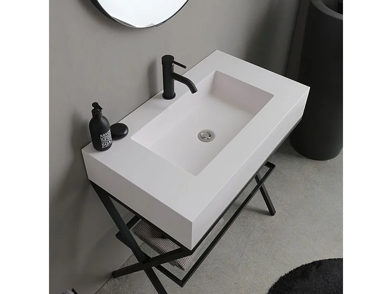 Mobile bagno a terra "Cancún" 80 cm con il lavabo in resina bianco e specchio rotondo con laccio in pelle