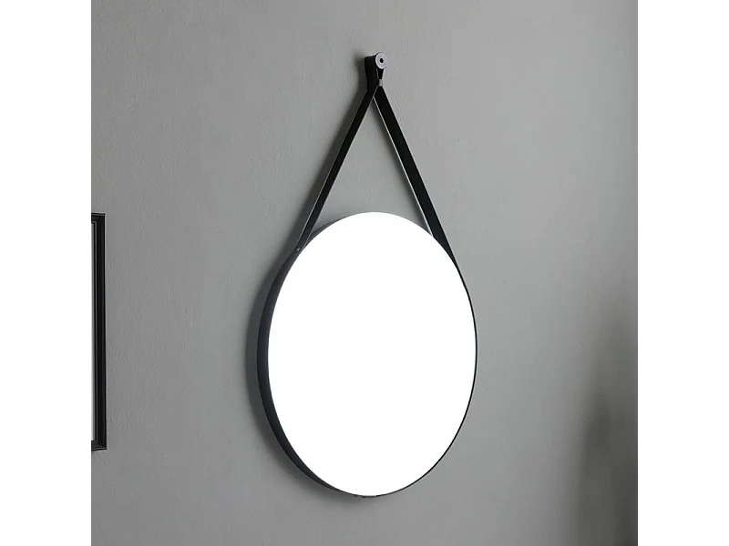 Mobile bagno a terra "Cancún" 80 cm con il lavabo in resina bianco e specchio rotondo con laccio in pelle