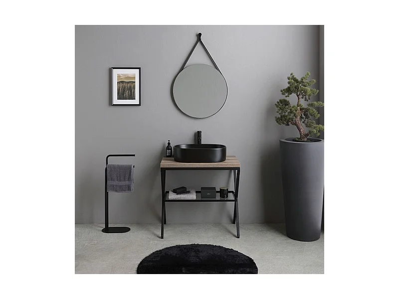 Meuble de salle de bain sur pied en chêne fossile "Victoria" avec vasque ovale en céramique noire mate et miroir rond de 80 cm