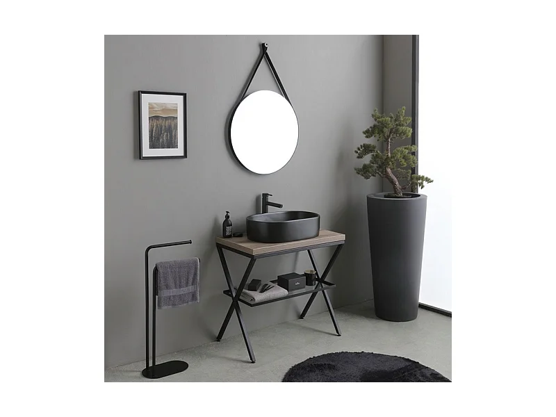 Meuble de salle de bain sur pied en chêne fossile "Victoria" avec vasque ovale en céramique noire mate et miroir rond de 80 cm