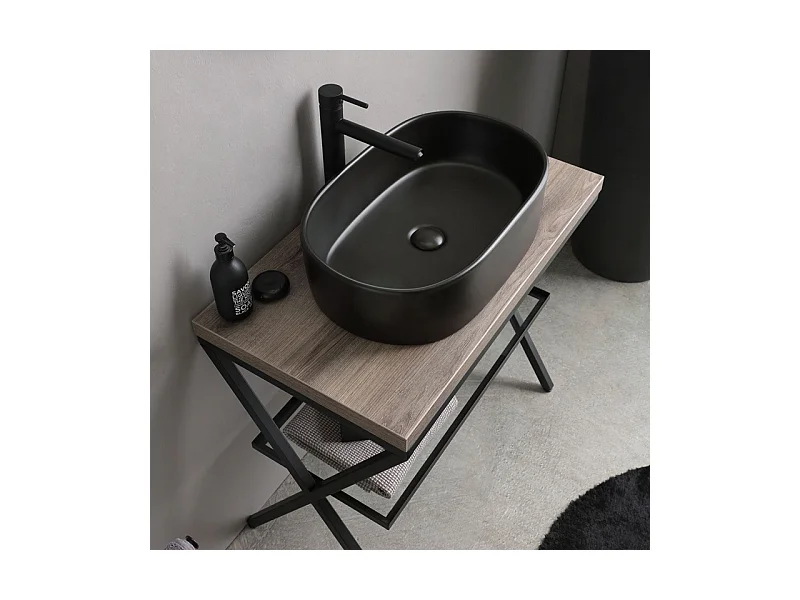 Meuble de salle de bain sur pied en chêne fossile "Victoria" avec vasque ovale en céramique noire mate et miroir rond de 80 cm