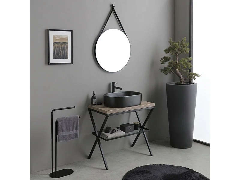 Móvel de casa de banho de chão em carvalho fóssil "Victoria" com lavatório oval em cerâmica preta fosca e espelho redondo de 80 cm