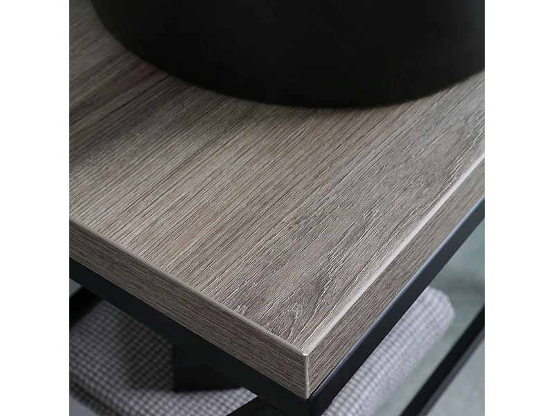 Móvel de casa de banho de chão em carvalho fóssil "Victoria" com lavatório oval em cerâmica preta fosca e espelho redondo de 80 cm