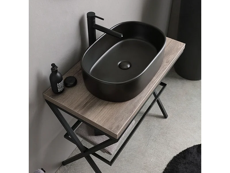 Móvel de casa de banho de chão em carvalho fóssil "Victoria" com lavatório oval em cerâmica preta fosca e espelho redondo de 80 cm