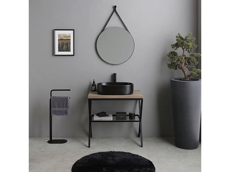 Móvel de casa de banho de chão em carvalho fóssil "Victoria" com lavatório oval em cerâmica preta fosca e espelho redondo de 80 cm