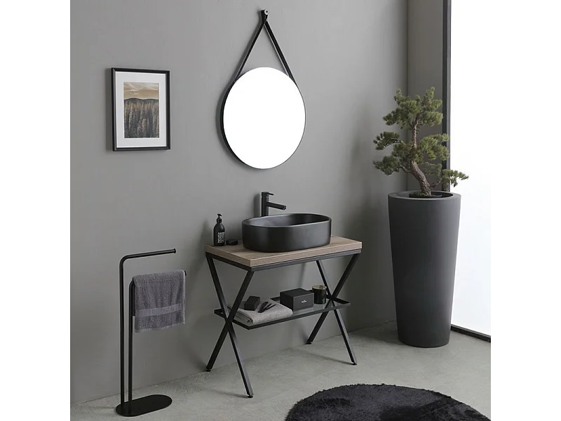Móvel de casa de banho de chão em carvalho fóssil "Victoria" com lavatório oval em cerâmica preta fosca e espelho redondo de 80 cm