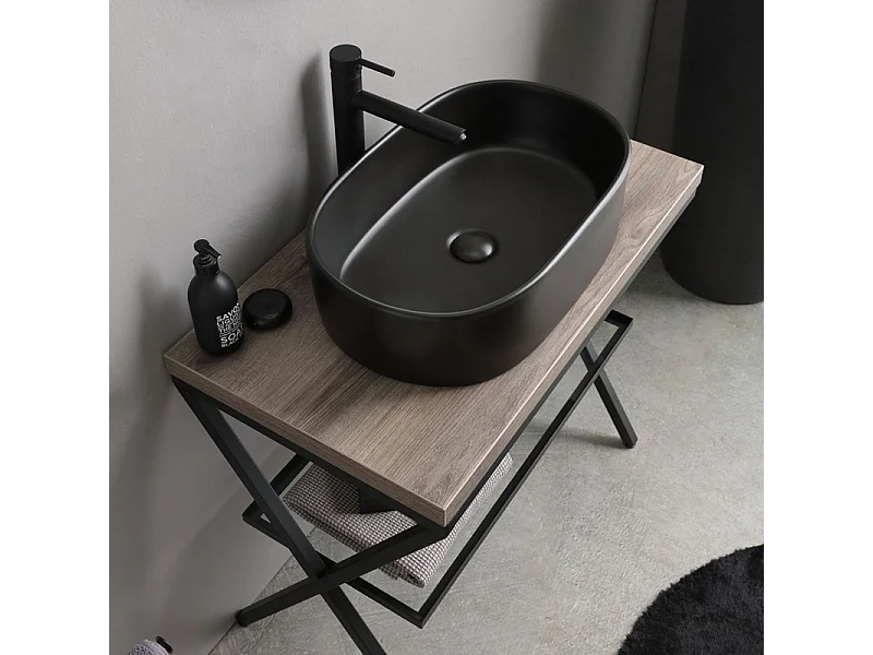 Móvel de casa de banho de chão em carvalho fóssil "Victoria" com lavatório oval em cerâmica preta fosca e espelho redondo de 80 cm