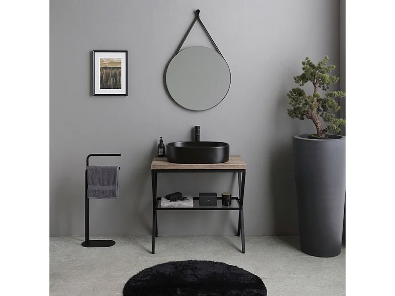 Mobile bagno a terra rovere fossile "Victoria" con lavabo in ceramica nero opaco ovale e specchio rotondo 80 cm