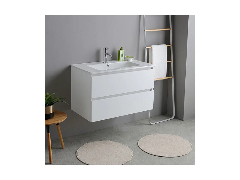 Mobile bagno bianco "Havana" 80 cm sospeso 2 cassetti base con lavabo integrato in ceramica