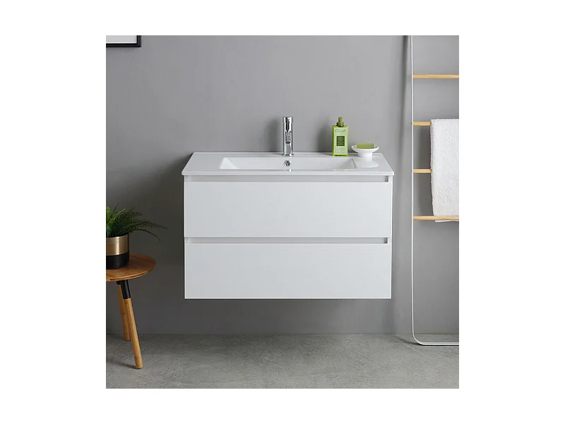 Mobile bagno bianco "Havana" 80 cm sospeso 2 cassetti base con lavabo integrato in ceramica
