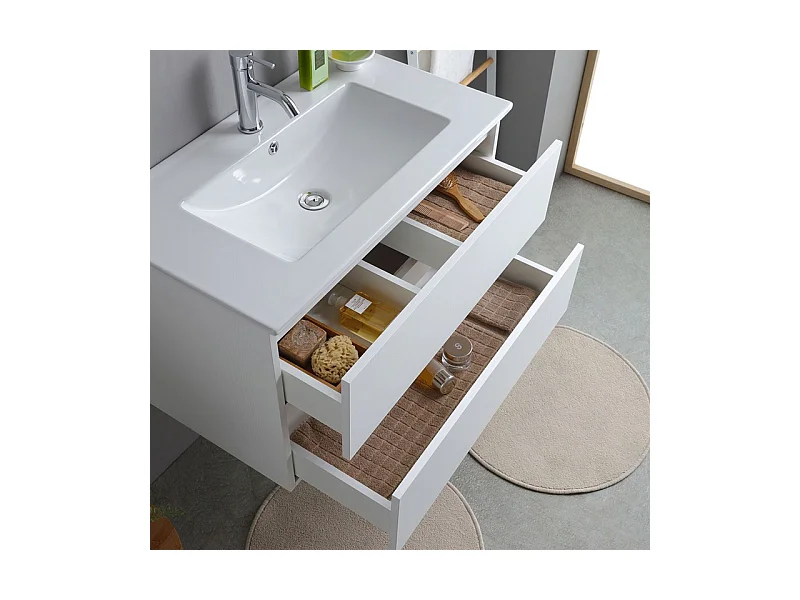 Mobile bagno bianco "Havana" 80 cm sospeso 2 cassetti base con lavabo integrato in ceramica