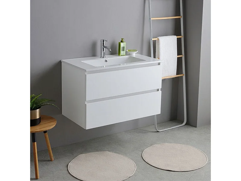 Mobile bagno bianco "Havana" 80 cm sospeso 2 cassetti base con lavabo integrato in ceramica