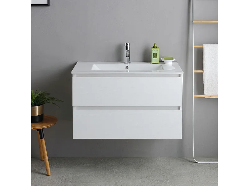 Mobile bagno bianco "Havana" 80 cm sospeso 2 cassetti base con lavabo integrato in ceramica