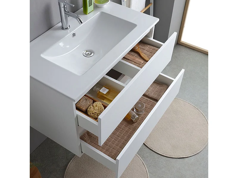 Mobile bagno bianco "Havana" 80 cm sospeso 2 cassetti base con lavabo integrato in ceramica