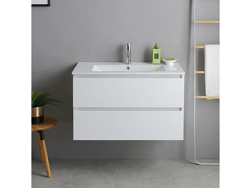 Mobile bagno bianco "Havana" 80 cm sospeso 2 cassetti base con lavabo integrato in ceramica