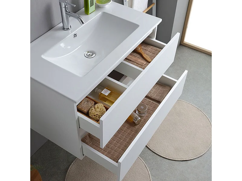 Mobile bagno bianco "Havana" 80 cm sospeso 2 cassetti base con lavabo integrato in ceramica
