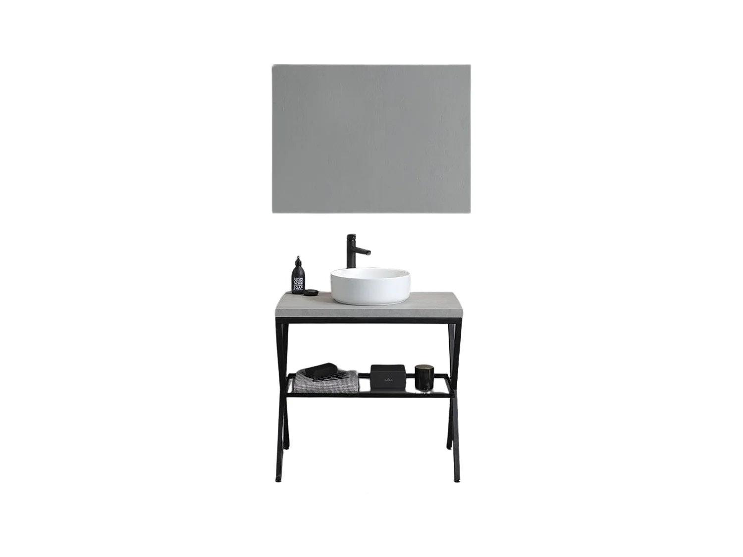 Mueble de baño "PowerUp" color hormigón de 80 cm con soporte metálico y lavabo redondo de cerámica.