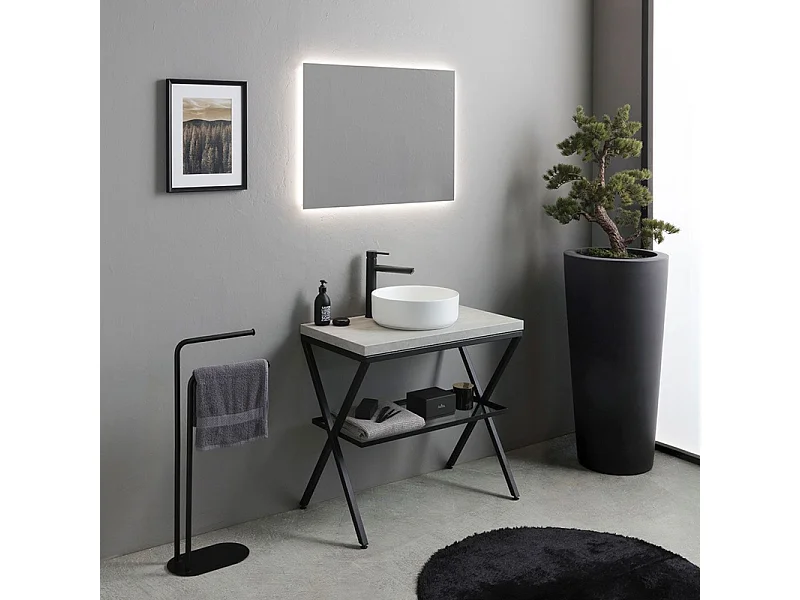 Szafka łazienkowa w kolorze betonu "PowerUp" 80 cm z metalowym stojakiem i okrągłą ceramiczną umywalką