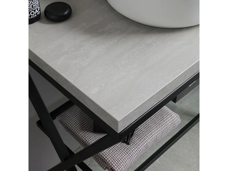 Szafka łazienkowa w kolorze betonu "PowerUp" 80 cm z metalowym stojakiem i okrągłą ceramiczną umywalką