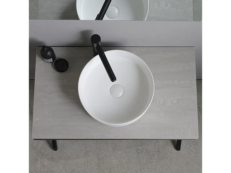 Szafka łazienkowa w kolorze betonu "PowerUp" 80 cm z metalowym stojakiem i okrągłą ceramiczną umywalką