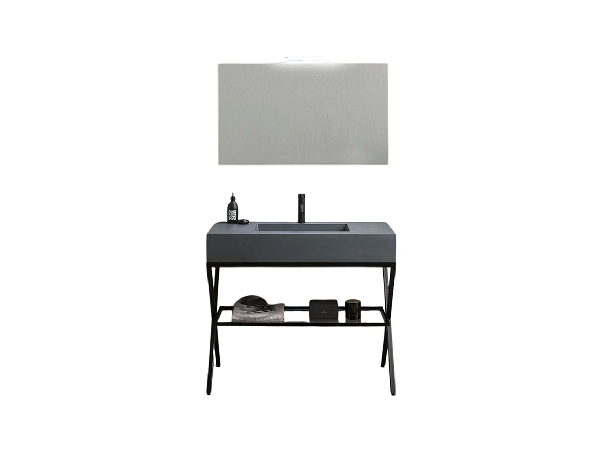 Meuble de salle de bain moderne gris "Petra" avec miroir, lavabo et étagère en verre de 100 cm