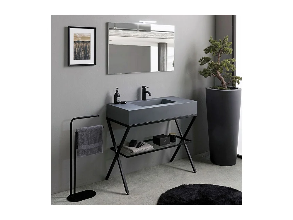 Meuble de salle de bain moderne gris "Petra" avec miroir, lavabo et étagère en verre de 100 cm