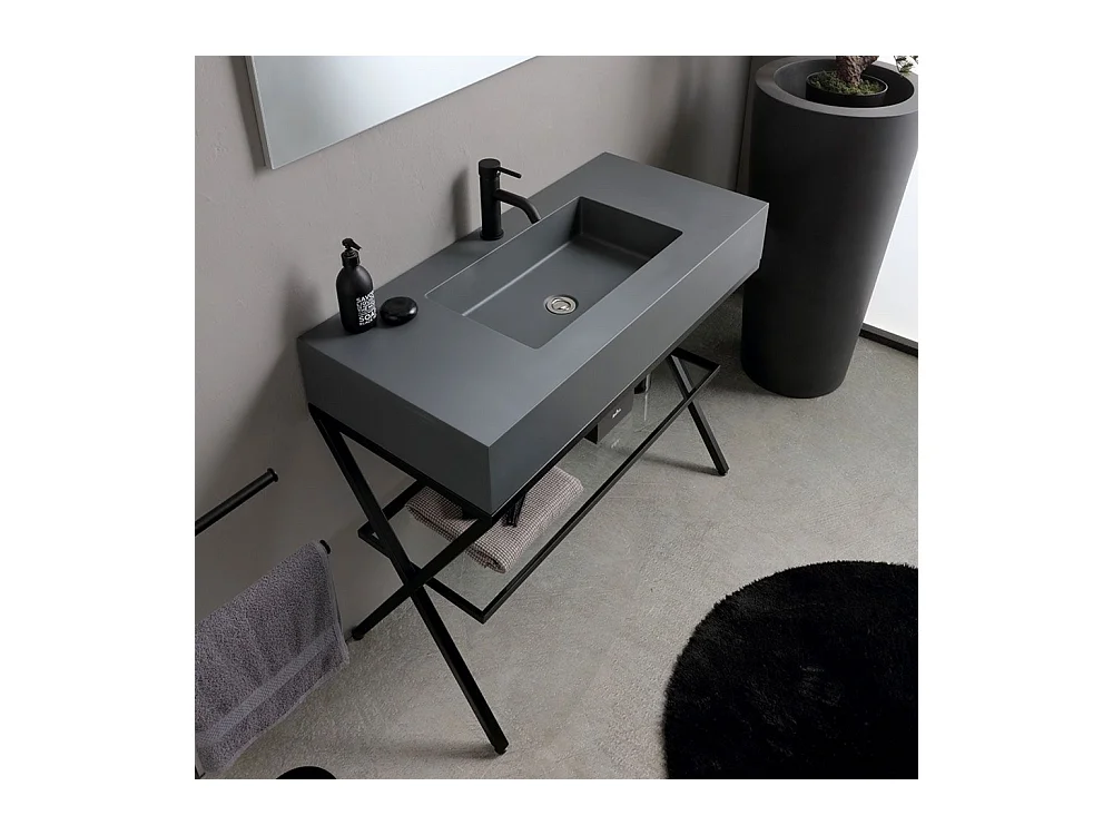 Meuble de salle de bain moderne gris "Petra" avec miroir, lavabo et étagère en verre de 100 cm