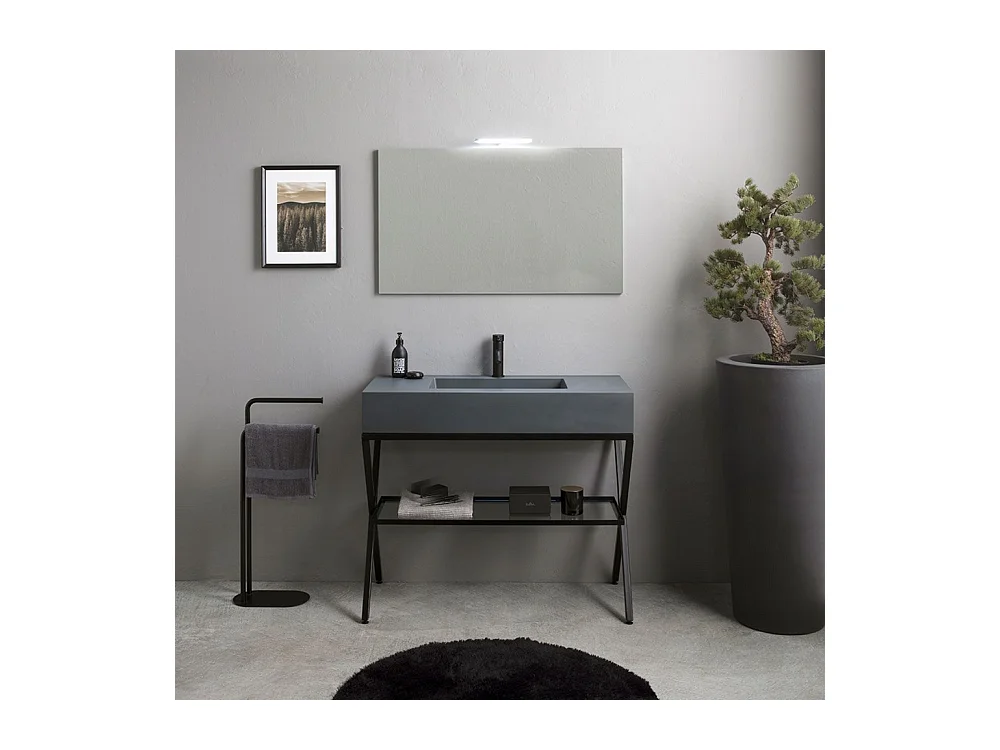 Meuble de salle de bain moderne gris "Petra" avec miroir, lavabo et étagère en verre de 100 cm