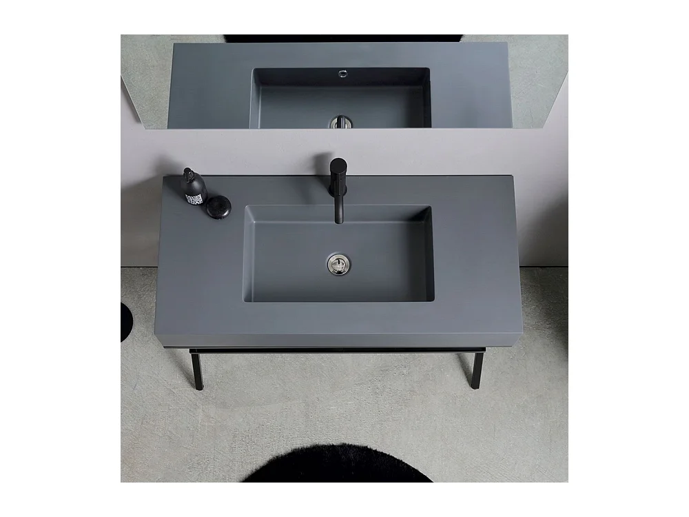 Meuble de salle de bain moderne gris "Petra" avec miroir, lavabo et étagère en verre de 100 cm