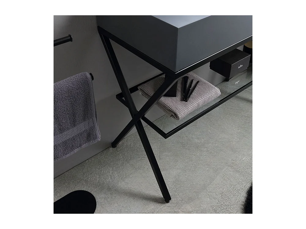 Meuble de salle de bain moderne gris "Petra" avec miroir, lavabo et étagère en verre de 100 cm